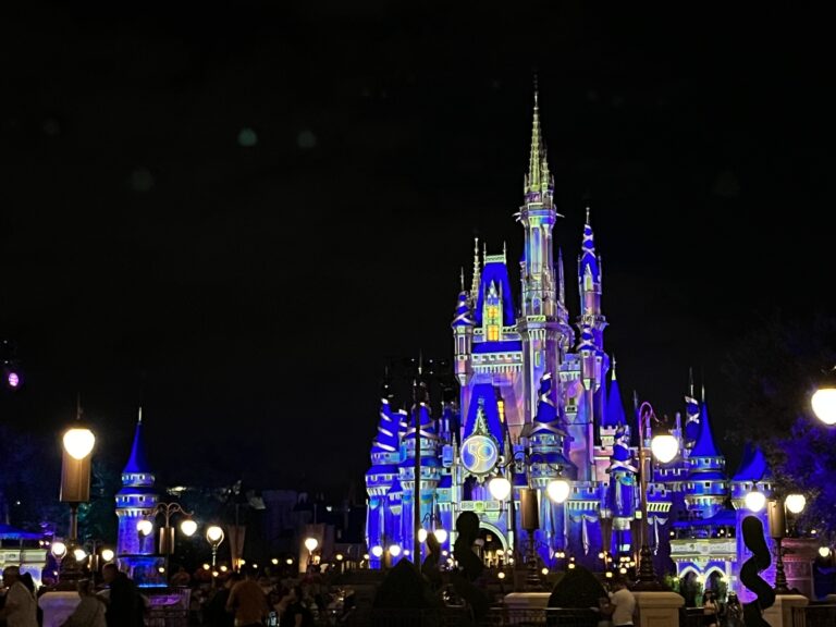 magic kingdom cinderella's castle illuminated at night