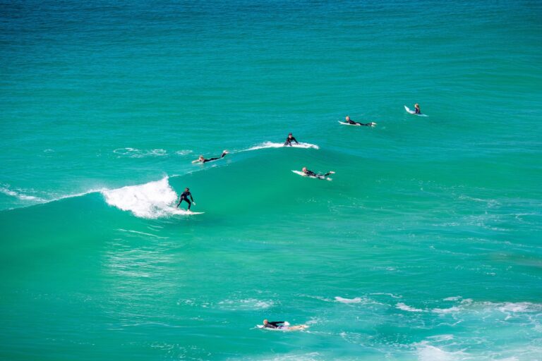 surfers on blue green waves