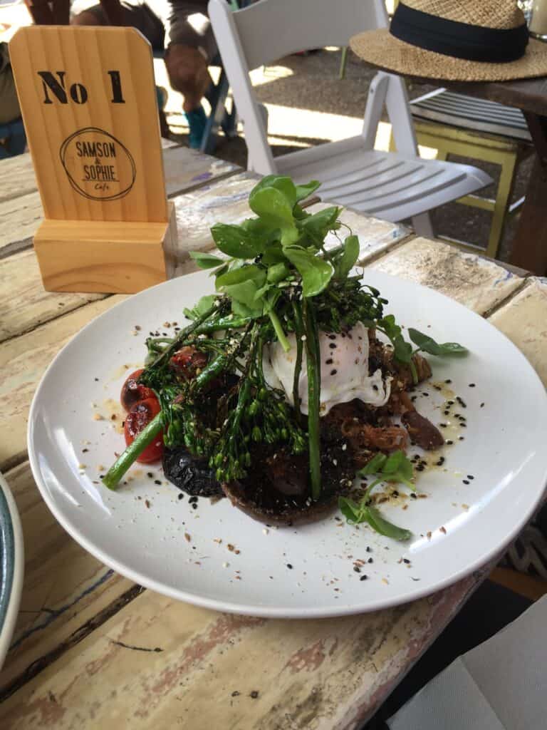 Breakfast plate of food on roughened wood table