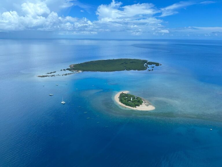 Aerial of sailing boat near Low Isles returning after a day on the outer reef