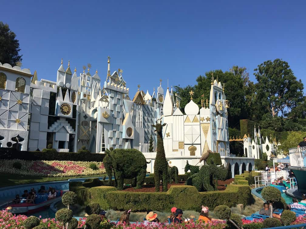 exterior view of white castle ride with canal for boats